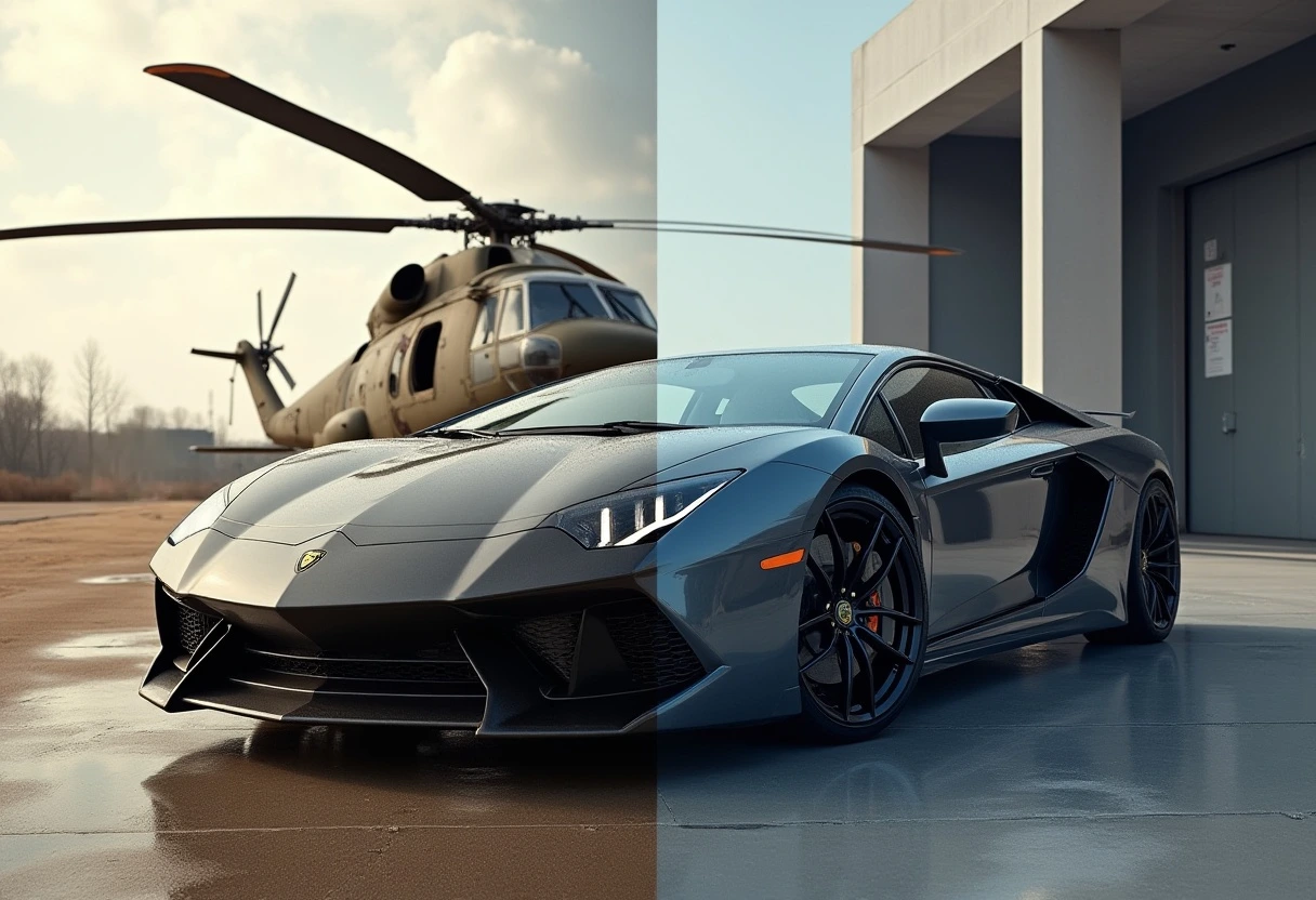 From battlefield to driveways: a military helicopter alongside a sleek sports car symbolizing the origin and advancement of paint protection technology.