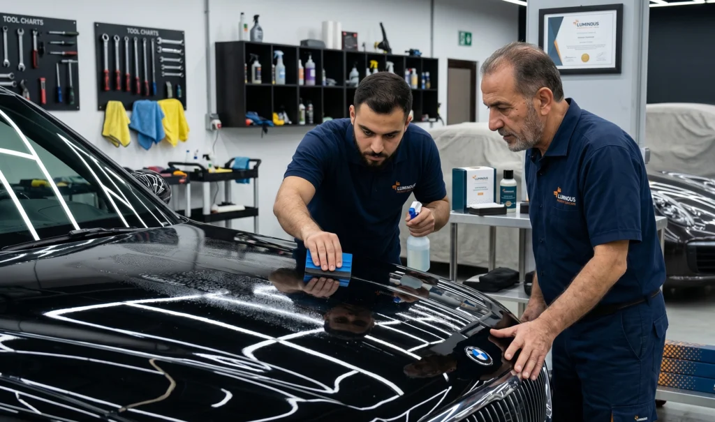 automotive detailing workshop in the Middle East, a certified installer network is carefully applying Paint Protection Film (PPF) on the hood of a luxury black vehicle using a real squeegee and spray bottle