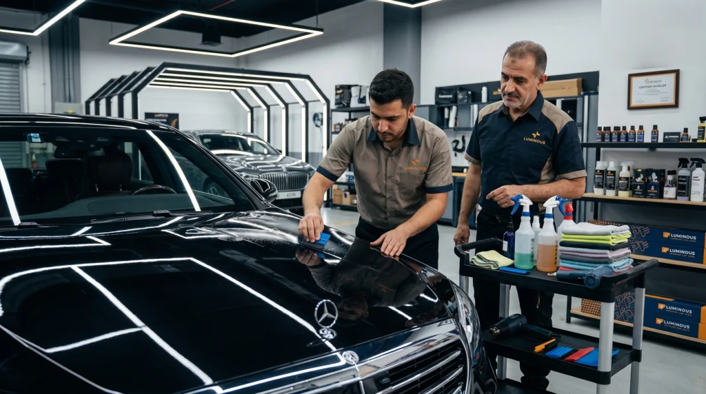 premium automotive detailing workshop, a certified installer is carefully applying Paint Protection Film (PPF) on a luxury vehicle hood using professional tools like a squeegee and spray bottle.
