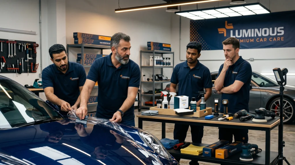 training center in the Middle East, a certified installer network trainer is teaching a small group of professional detailers how to apply Paint Protection Film (PPF) or ceramic coating on a luxury vehicle