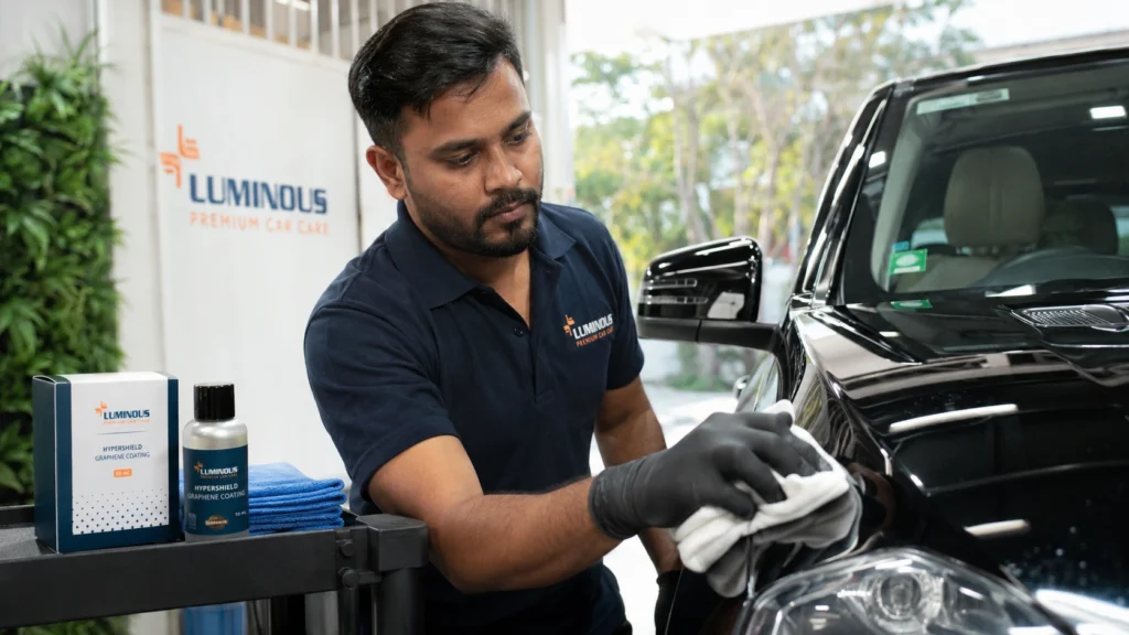 a professional detailer is working on a premium vehicle at a modern car care facility with strong natural daylight and visible greenery around the property