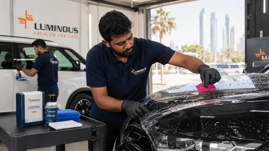 professional PPF installer is carefully applying Paint Protection Film (PPF) to the hood or front fender of a premium vehicle inside a professional automotive detailing workshop in the Gulf region