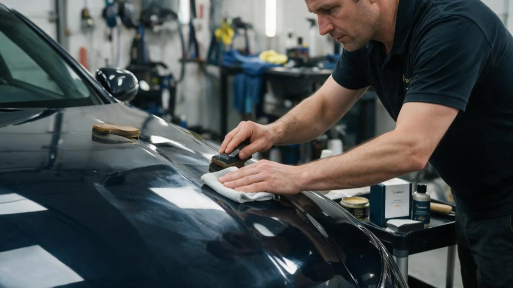 professional automotive detailer is applying a modern ceramic coating to the glossy paintwork of a premium vehicle