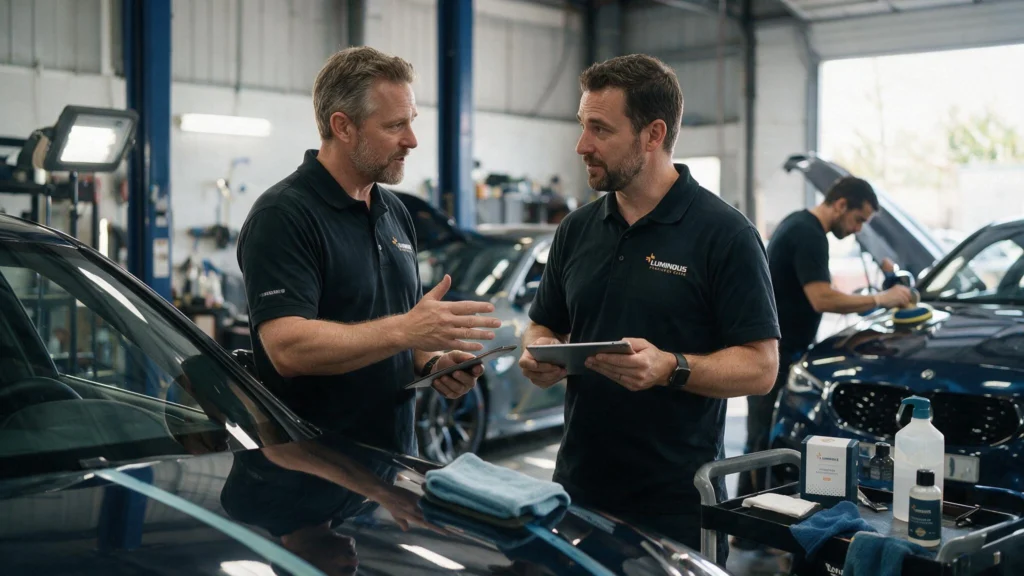 professional automotive detailing center, a successful detailing shop owner or manager is having a genuine technical discussion with a professional ceramic-coating representative or experienced installer in paint protection