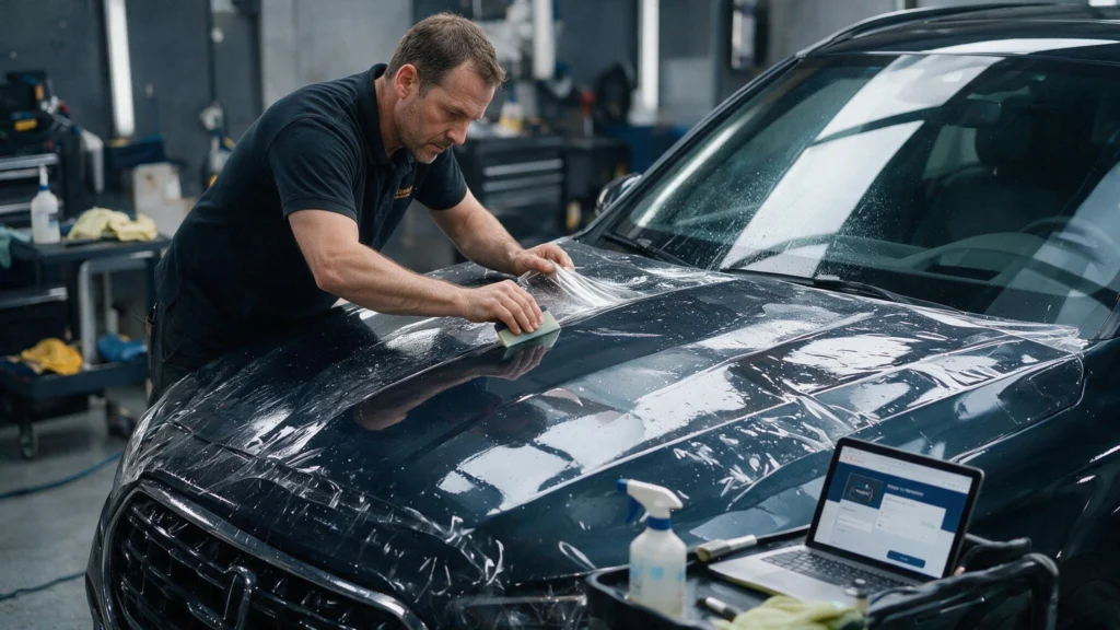 professional PPF installer in a modern, authentic automotive detailing and PPF installation workshop is carefully installing transparent paint protection film onto the hood of a premium vehicle. The installer is actively working with a professional PPF squeegee in one hand and installation solution/spray equipment nearby.