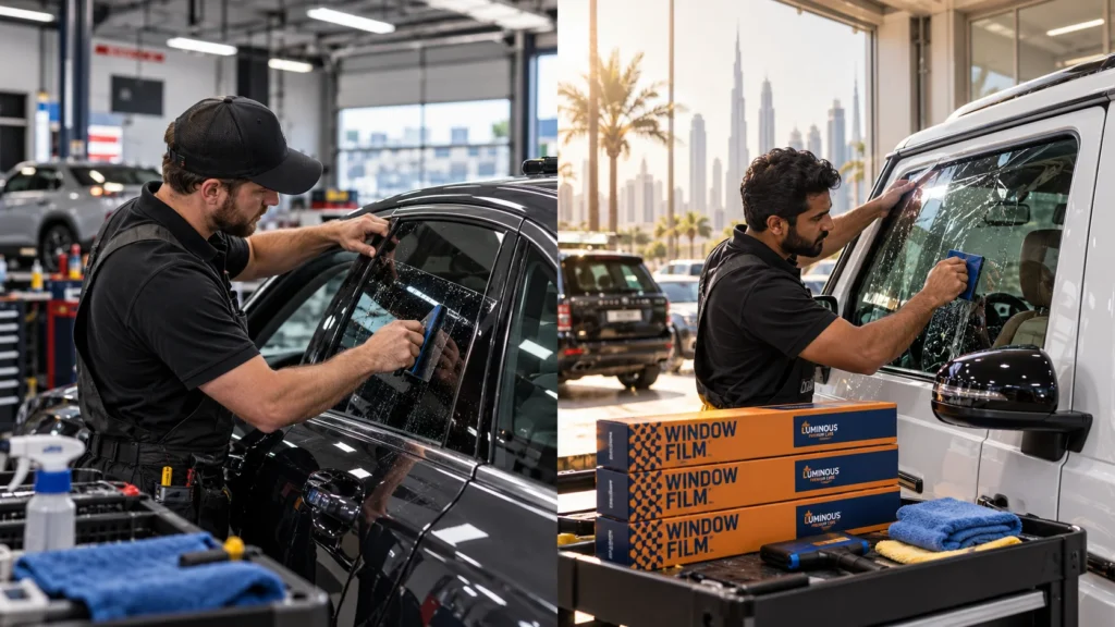 Window Film Market USA vs GCC Comparison: clean installation bay, with a professional window film installer carefully working on a side window in USA. A premium vehicle parked in a modern UAE automotive detailing facility in Dubai