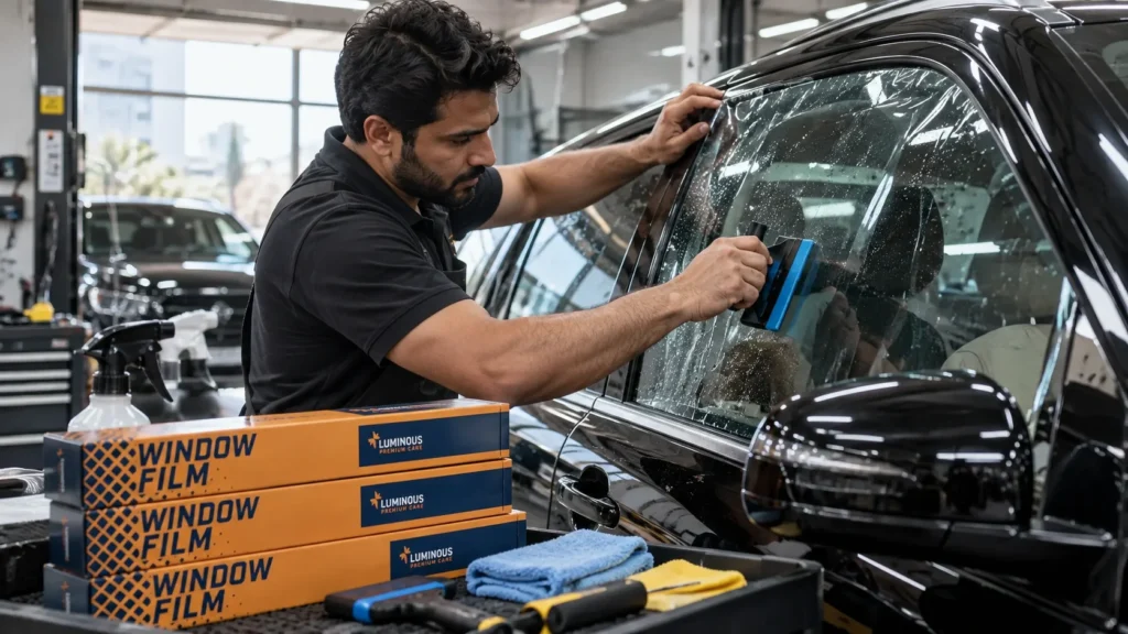 automotive window film installer is installing Luminous Nano Ceramic Window Film onto the side window of a modern premium vehicle
