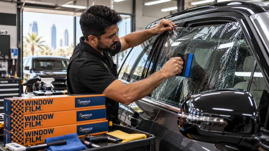 window film installer applying a clear, high-quality nano-ceramic window film to the front side window of a premium modern vehicle